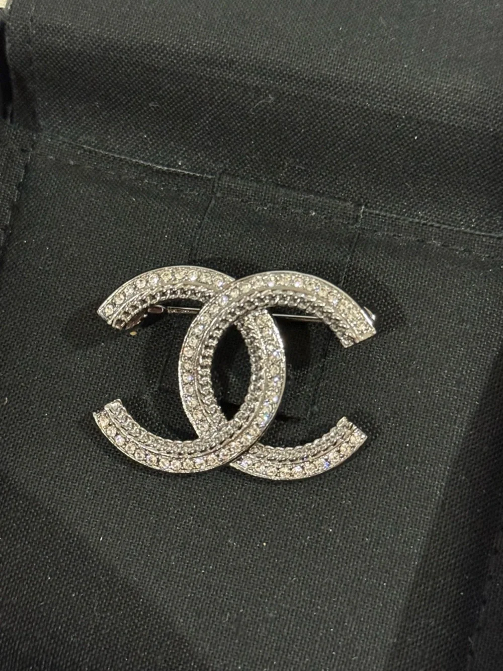 CHANEL Silver Crystal CC Logo Brooch